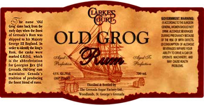 The label of a rum bottle from Grenada containing the incorrect story about the origin of 'grog'
