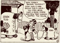 A frame from a 1926 Barney Google strip showing Barney, Spark Pug and Spark Plug's colt Ooky