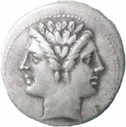 A Roman coin, featuring the two faces of Janus