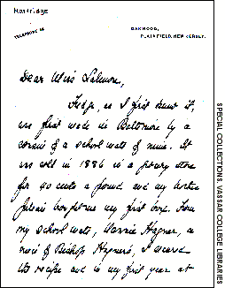 The first page of Emelyn Hartridge's letter of 1921 to her former professor about the introduction of fudge to Vassar College.