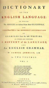 The title page of volume one of Johnson's Dictionary