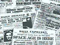 A collage of British newspaper headlines from 4 October 1957 reporting the launch of Sputnik.