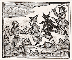 A 17th-century woodcut of a witch and the devil on broomsticks